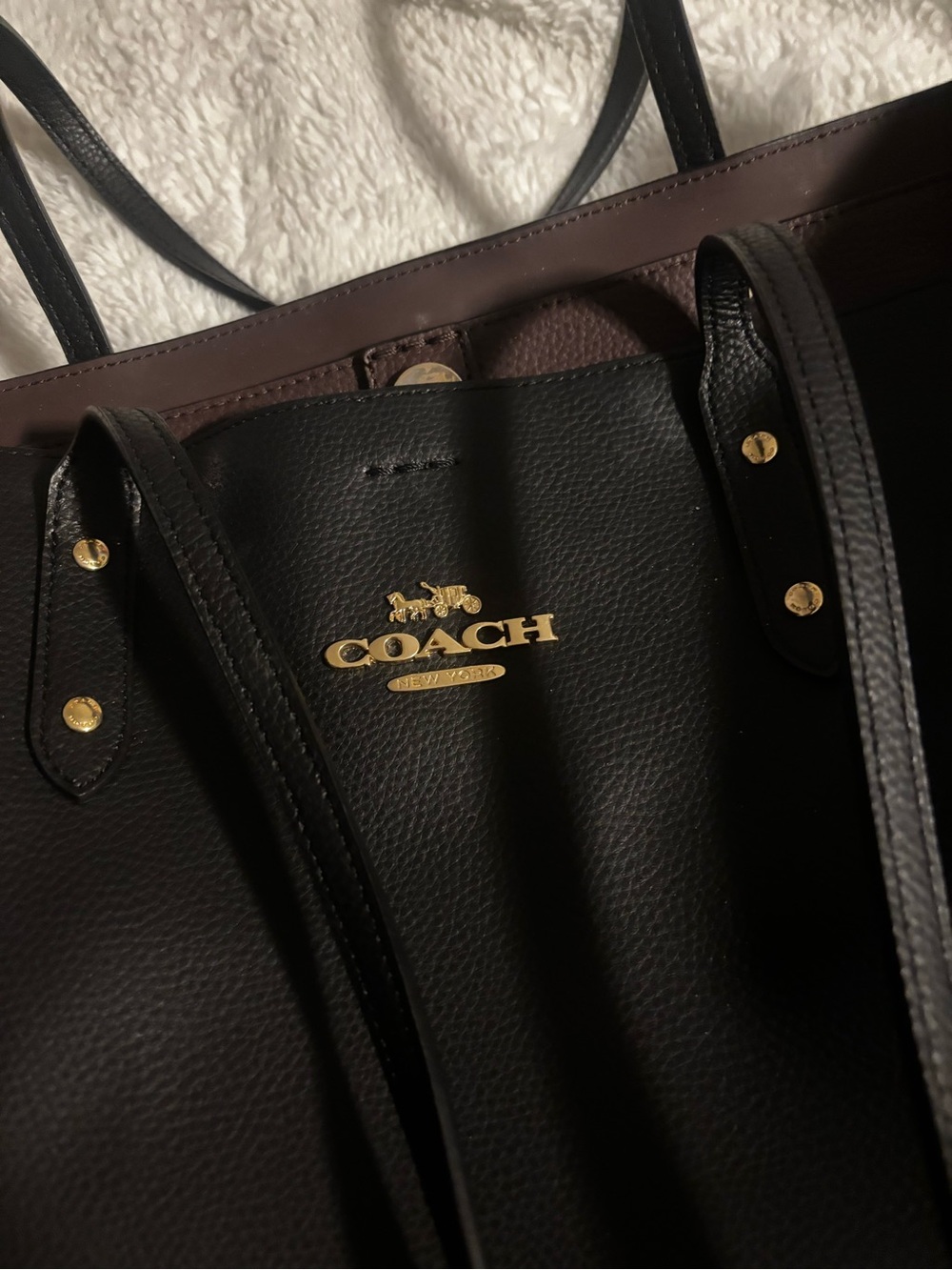 Coach Black Pebbled Leather Town Tote with Gold Hardware